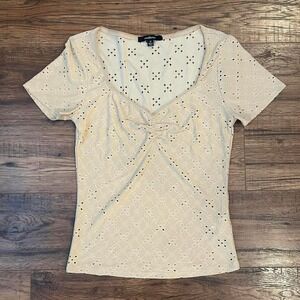 Y2K Cream Lace Eyelet Top‎ Ruched Bust Sweetheart Neckline Women Medium Coquette